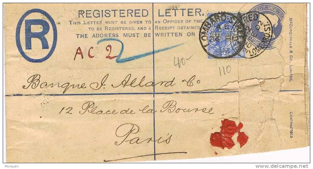Carta Entero Postal Certificado LOMBARD St. (Gran Bretaña) 1902. PERFIN - Brieven En Documenten