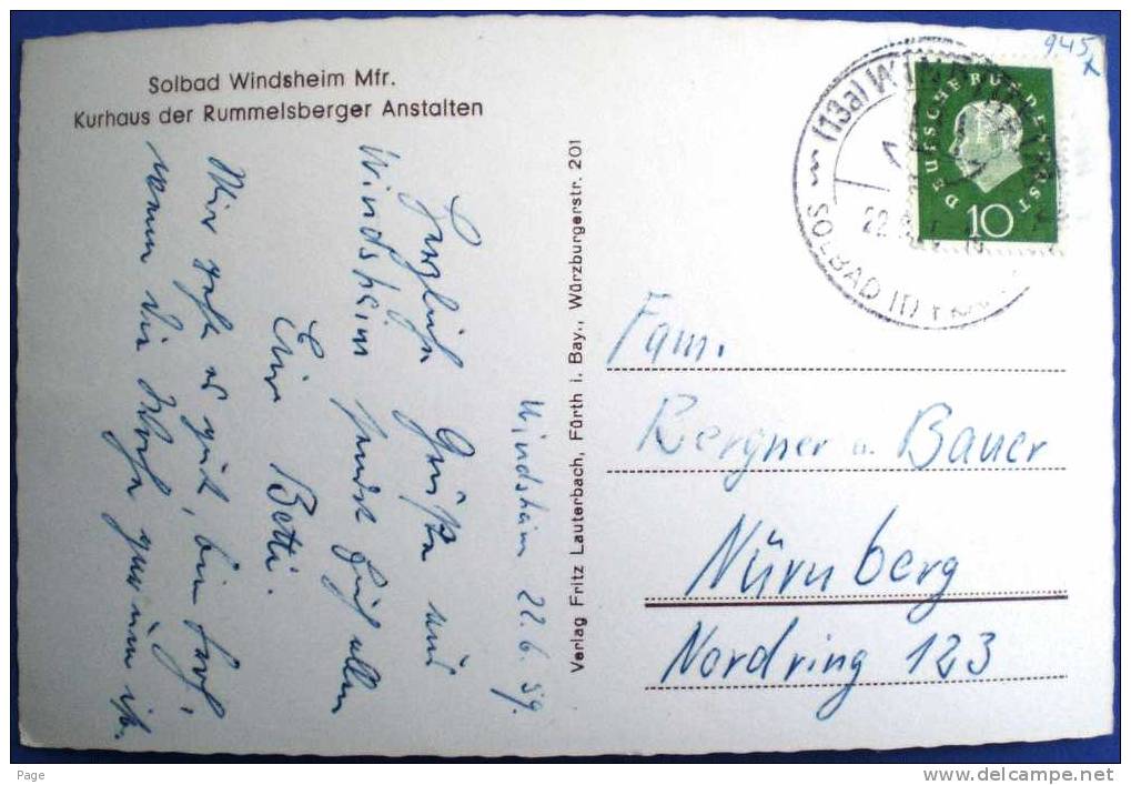 Windsheim, Solbad, Kurhaus Der Rummelsberger Anstalten, 1959, Frila-Karte - Bad Windsheim