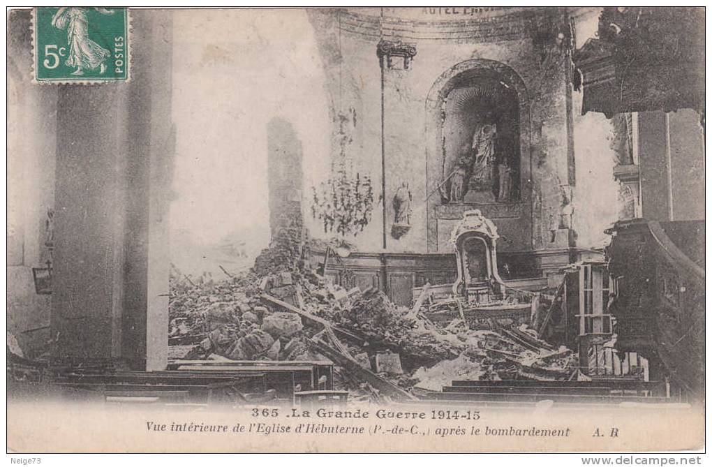 Cpa Du 62 - La Grande Guerre De 1914-15 - Intérieur De L'Eglise D'Hébuterne Après Le Bombardement - Autres & Non Classés