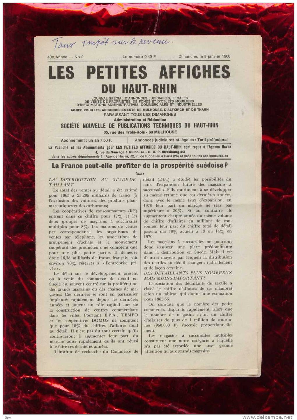 Les Petites Affiches Du Haut Rhin  , Dimanche 9 Janvier 1966 TBE - 6 Pages - Periódicos - Antes 1800
