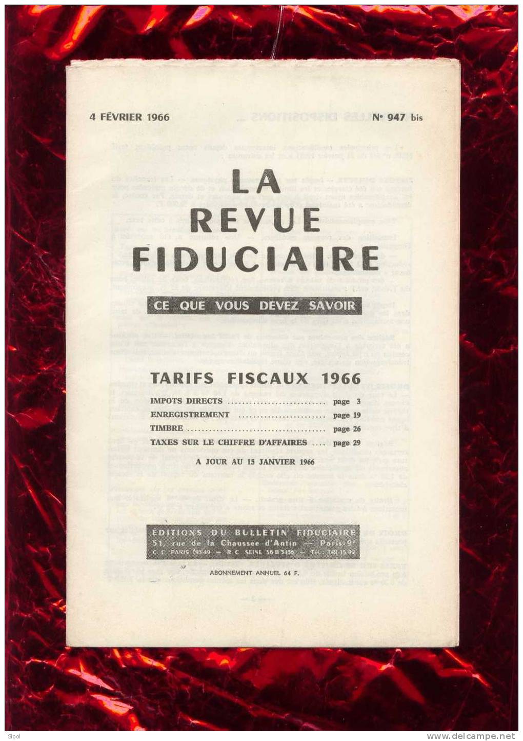 La Revue Fiduciaire  Du 4 Février 1966 - 30 Pages -TBE - Right