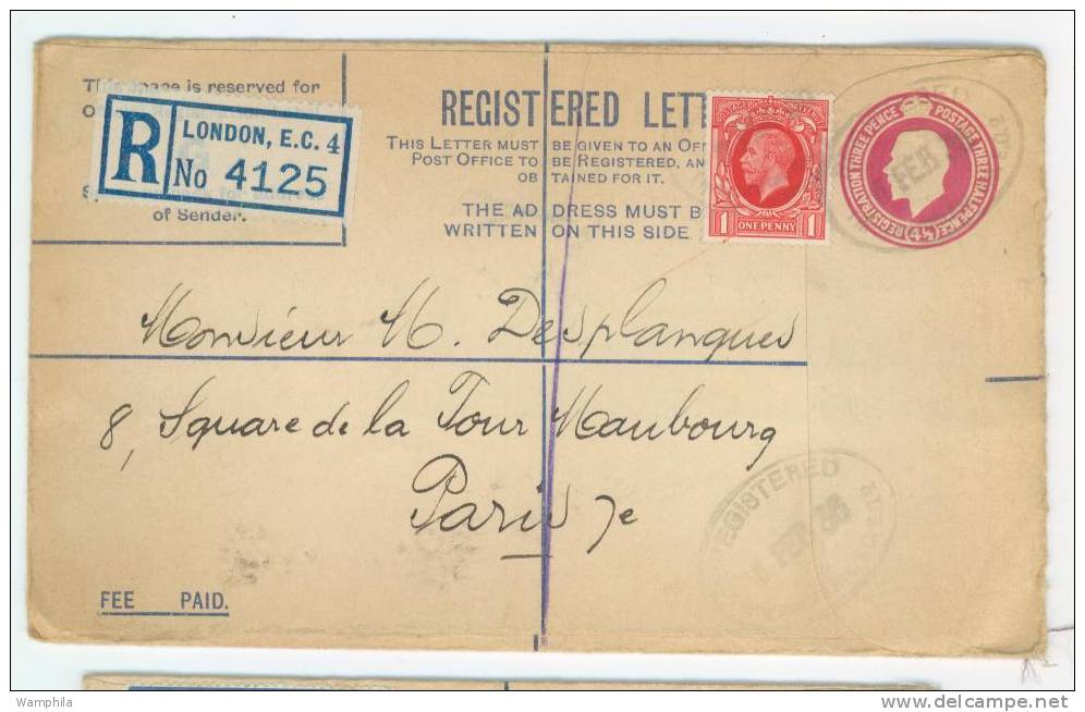 Entier Postal Recommandé Londres Paris 1936 -  Registered Stationnary  London Paris - Postwaardestukken