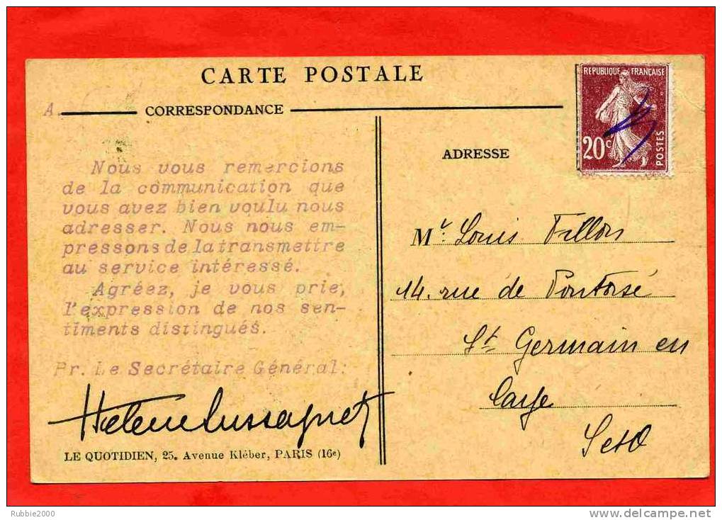 CARTE DU QUOTIDIEN JOURNAL D INFORMATION DE GAUCHE CREE EN 1923 PAR HENRY DUMAY 25 AVENUE KLEBER PARIS 16e EN BON ETAT - Partidos Politicos & Elecciones