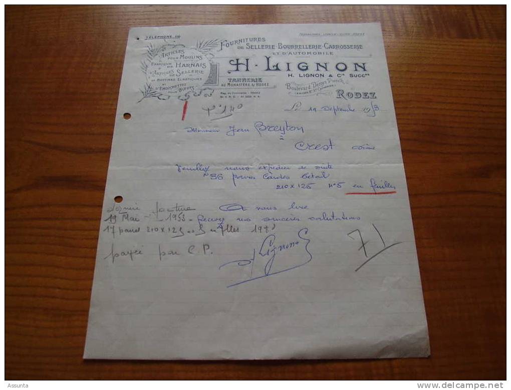 1953 : Sellerie, Bourrellerie, Carrosserie, Automobile, Harnais, émouchettes... H. LIgnon  & Cie à Rodez - Automobile