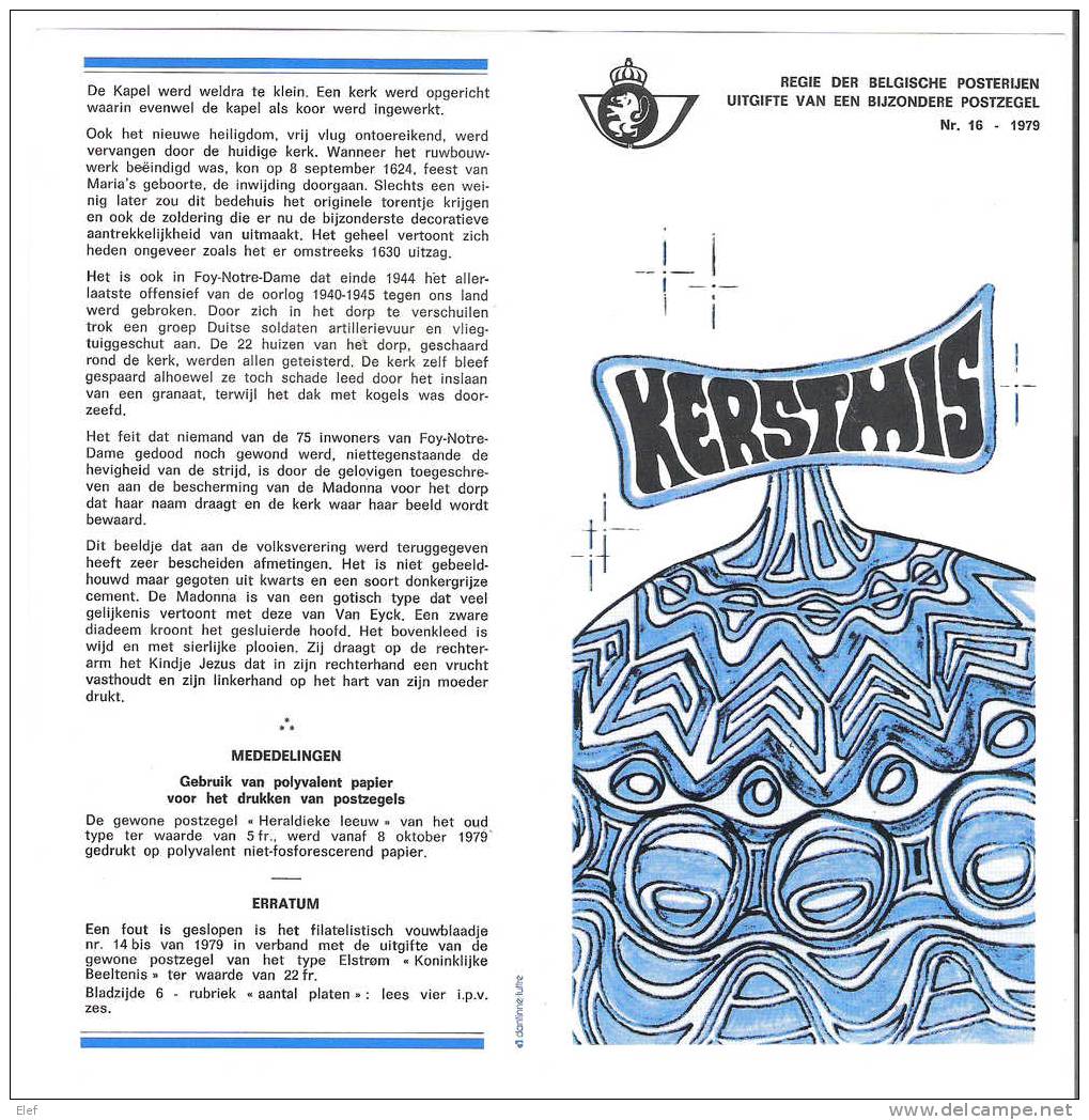 Belgique/ Belgie: Feuillet "Regie Der Belgische Posterijen" KERSTMIS 1979 Avec Illustration  Et Données Techniques;TB - Holandés (desde 1941)
