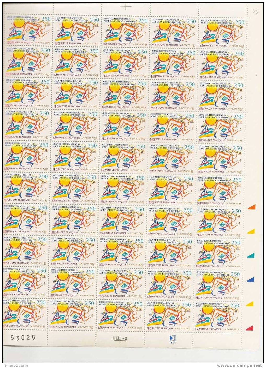 JEUX MEDITERANEENS  93 - AGDE   ++ FEUILLE DE 50  TIMBRES A 2,50 FRANCS - Full Sheets