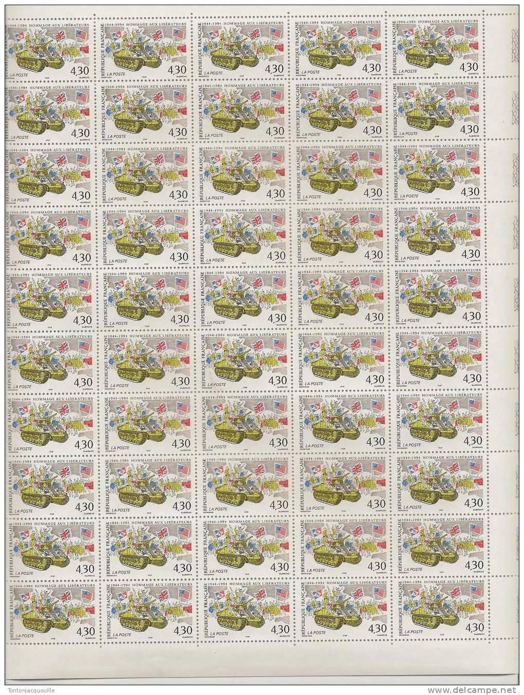 HOMMAGE AUX LIBERATEURS 1944-1994  ++ FEUILLE DE 50  TIMBRES A  4,30 FRANCS - Volledige Vellen