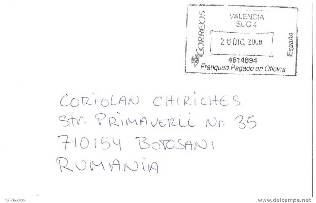 Spain / Letter / Valencia To Botosani - Storia Postale