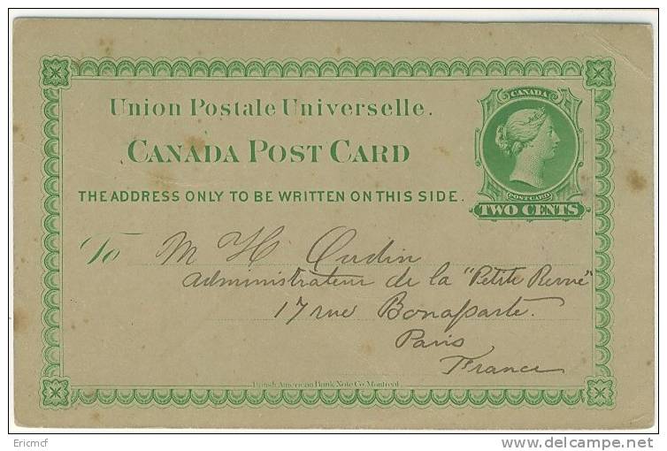 Canada 2c Victoria Used Postcard To Paris - 1860-1899 Regering Van Victoria