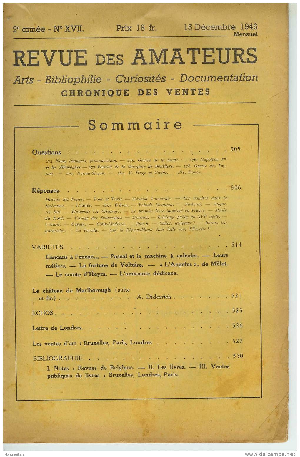 Revue Des Amateurs, De 1946, Arts, Bibliophilie, Curiosités, Documentation, 20 Pages - Zeitschriften & Kataloge