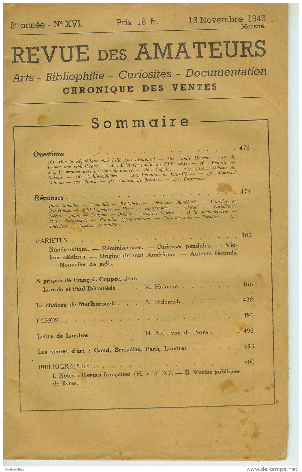 Revue Des Amateurs, De Novelrbe 1946, Arts, Bibliophilie, Curiosités, Documentation, 20 Pages - Magazines & Catalogs