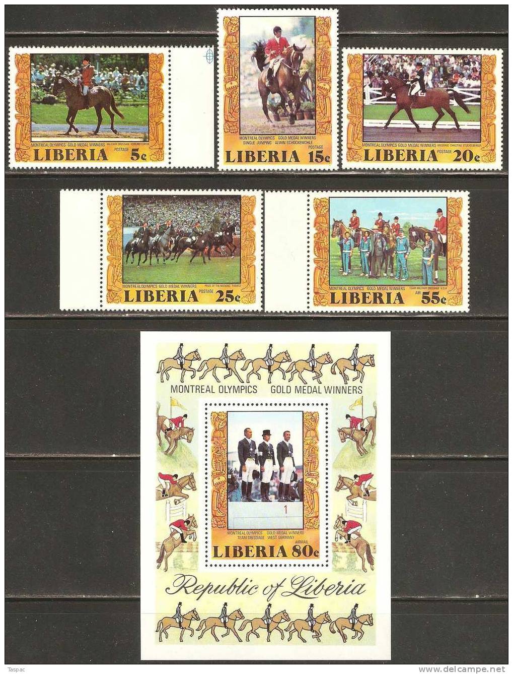 Liberia 1977 Mi# 1032-1036, Block 86 A ** MNH - Equestrian Gold Medal Winners In Montreal Olympic Games - Estate 1976: Montreal
