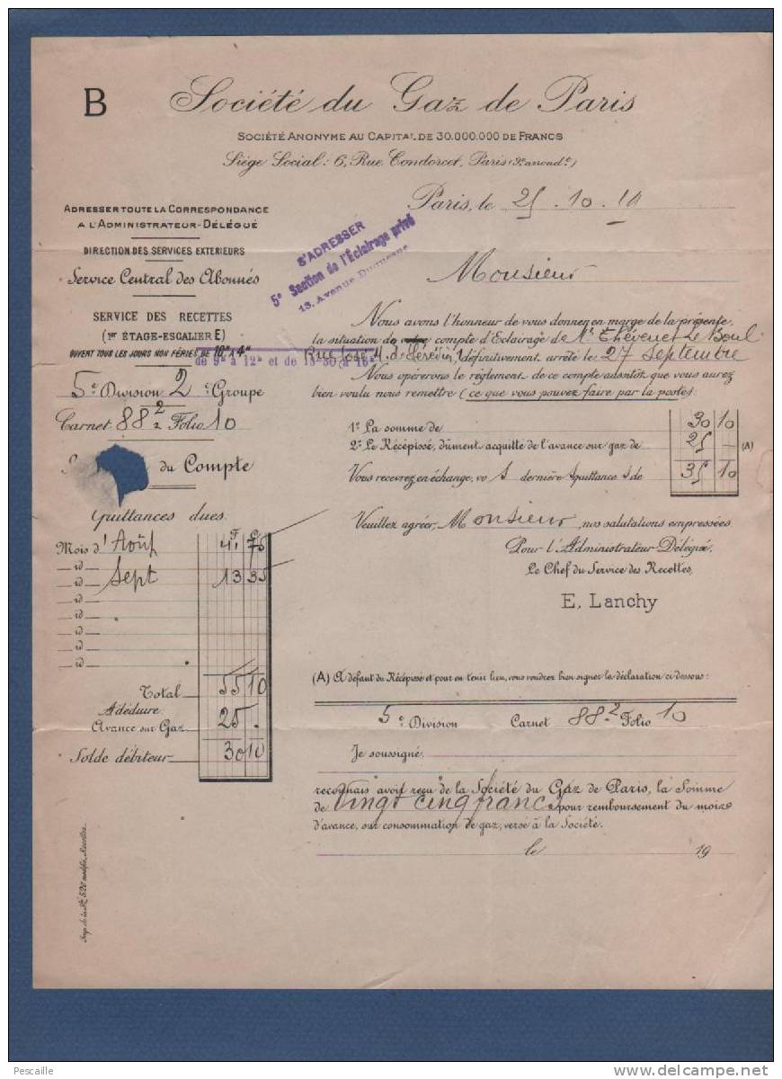 LETTRE FACTURE SOCIETE DU GAZ DE PARIS 6 RUE CONDORCET 9e ARRONDt - 1919 AVEC TIMBRE - Elektrizität & Gas