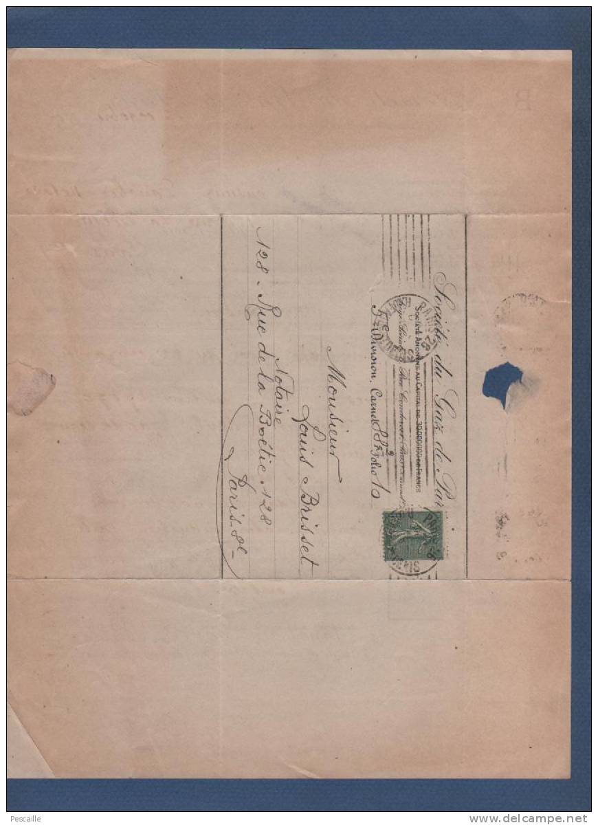 LETTRE FACTURE SOCIETE DU GAZ DE PARIS 6 RUE CONDORCET 9e ARRONDt - 1919 AVEC TIMBRE - Elettricità & Gas