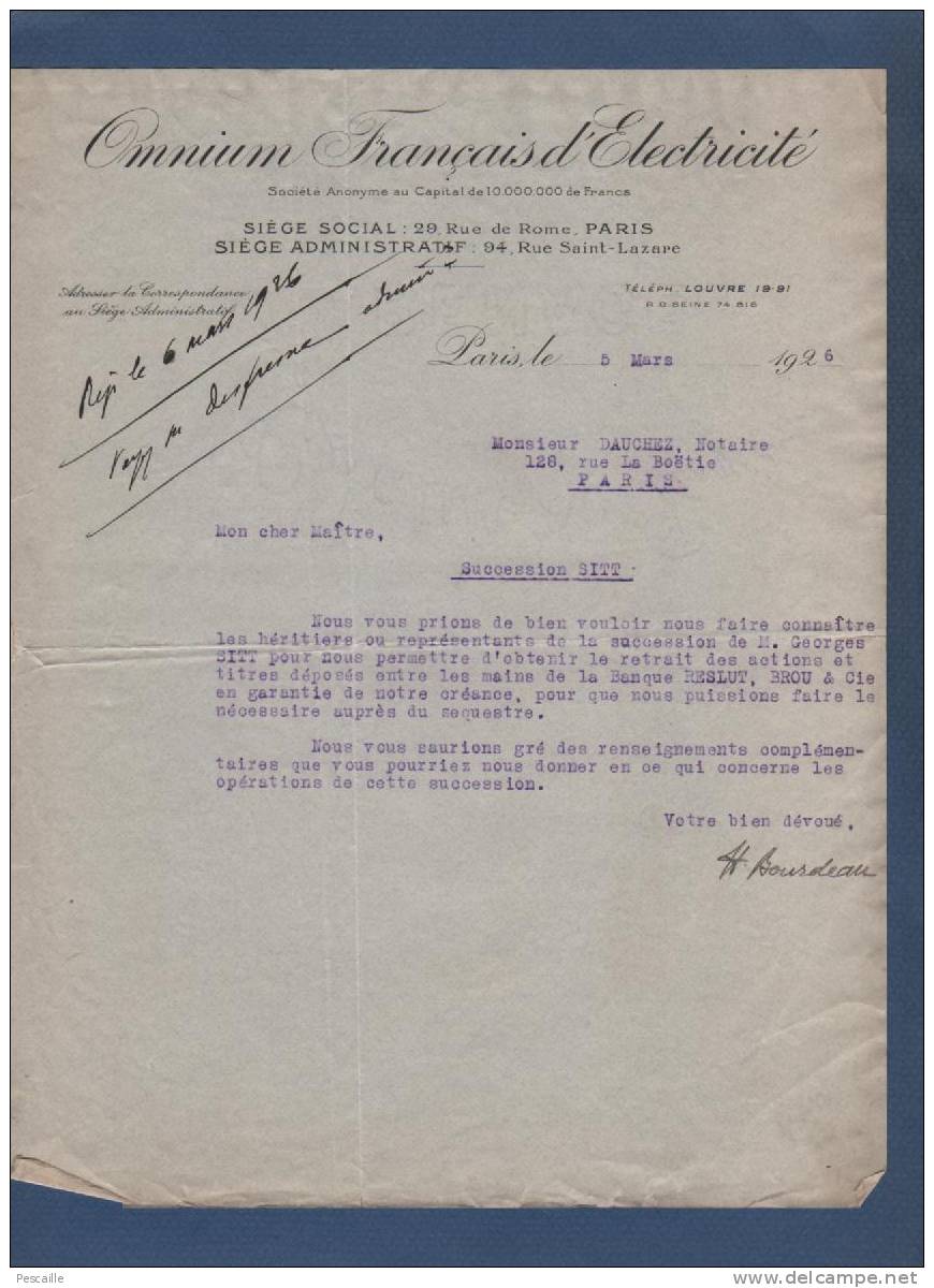 LETTRE OMNIUM FRANCAIS D'ELECTRICITE 29 RUE DE ROME / 94 RUE SAINT LAZARE PARIS - 1926 - Elettricità & Gas