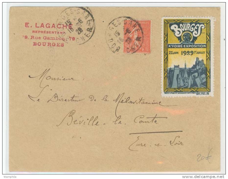 Bourges : Vignette Foire De 1929 + Entête Et Cachet De Bourges, Affr. 50 C Semeuse - Turismo (Viñetas)