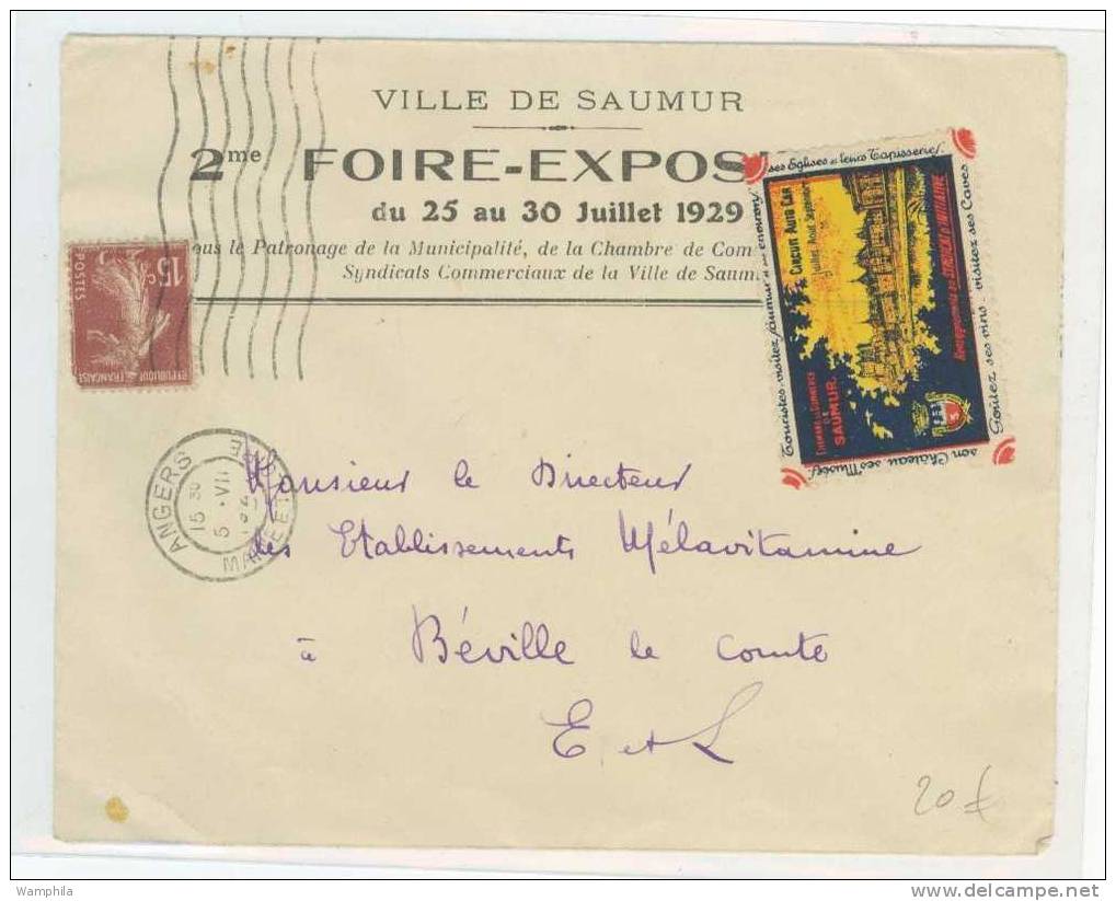 Saumur: EntêteFoire De 1929 + Vignette Pub Sur Les Vins Les Châteaux Et Circuit Auto Car - Philatelic Fairs