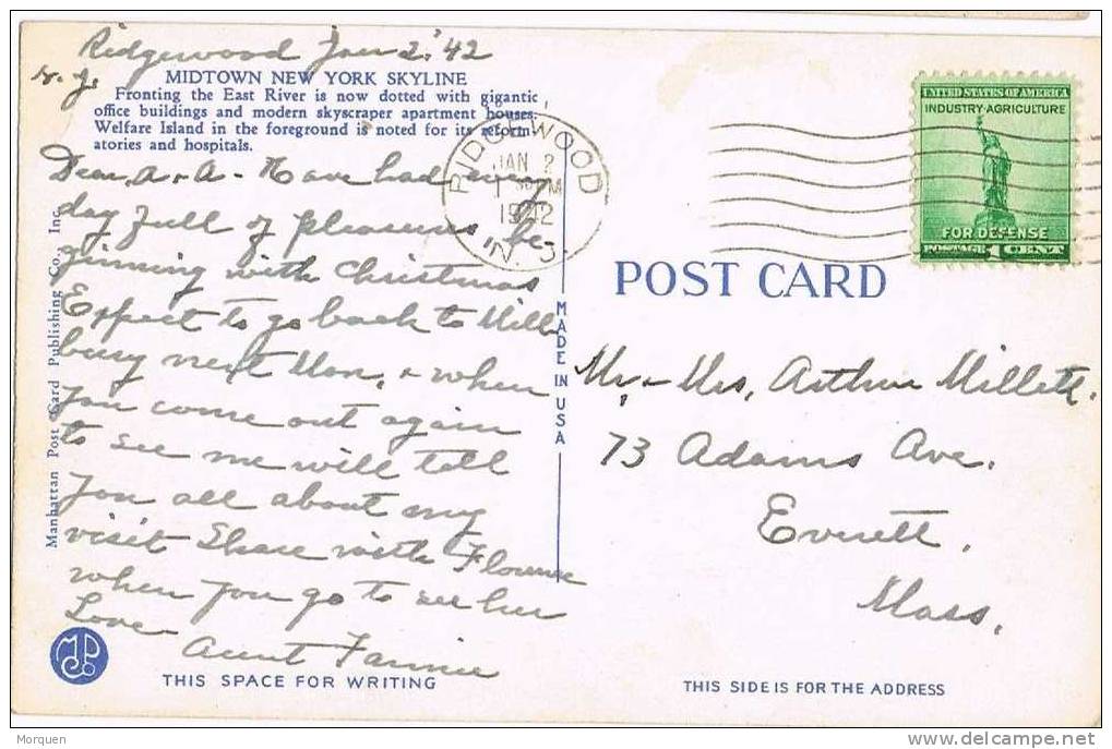 1038. Postal RIDGEWOOD (N. J.) 1942. Midtown New York Skyline - Cartas & Documentos