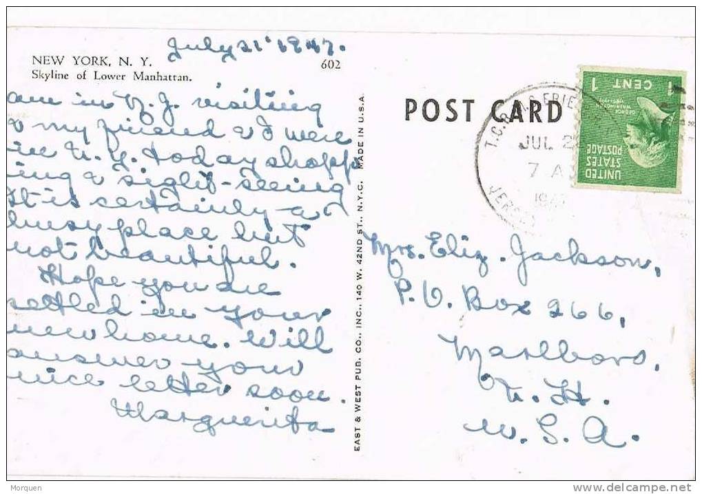 1035. Postal NEW YORK 1947. Fechador T.C.R.M. ERIE R.R.S.  (Jersey) - Storia Postale