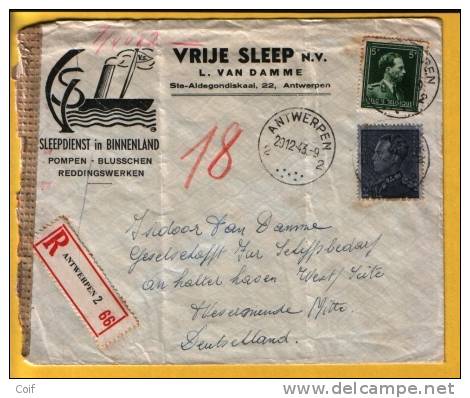 529+646 Op Aangetekende Brief Met Stempel ANTWERPEN Naar Duitsland, Met Censuurstrook - 1936-51 Poortman