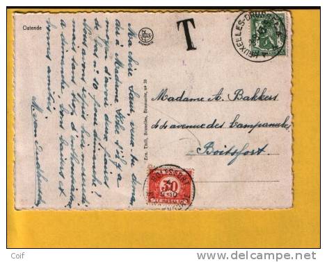 425 Op Kaart Met Stempel BRUSSEL, Getaxeerd Met TX 35 Met Stempel BOITSFORT / BOSCHVOORDE - 1935-1949 Kleines Staatssiegel