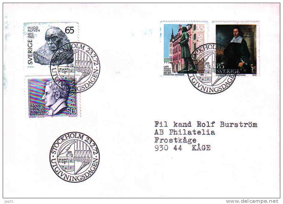 Enveloppe 1er Jour Suède No 721/24 - Stockholm 23/2/1972 - Personnages Célèbres - FDC