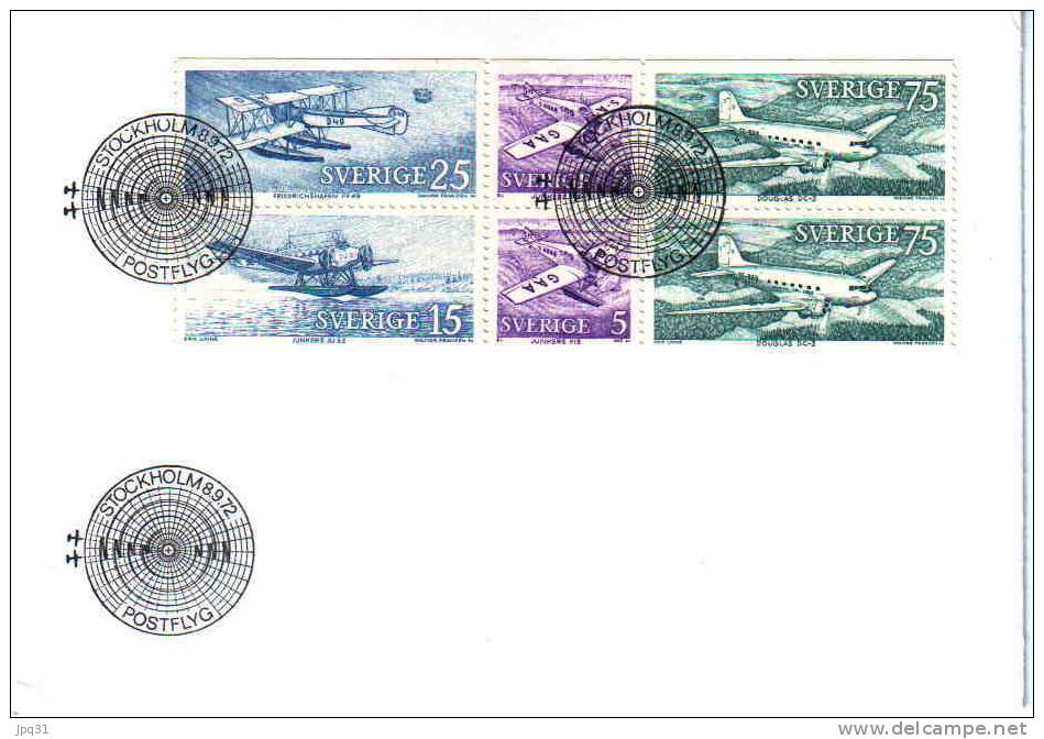 Enveloppe 1er Jour Suède Carnet C740 - Stockholm 23/2/1972 - Avions Postaux - FDC