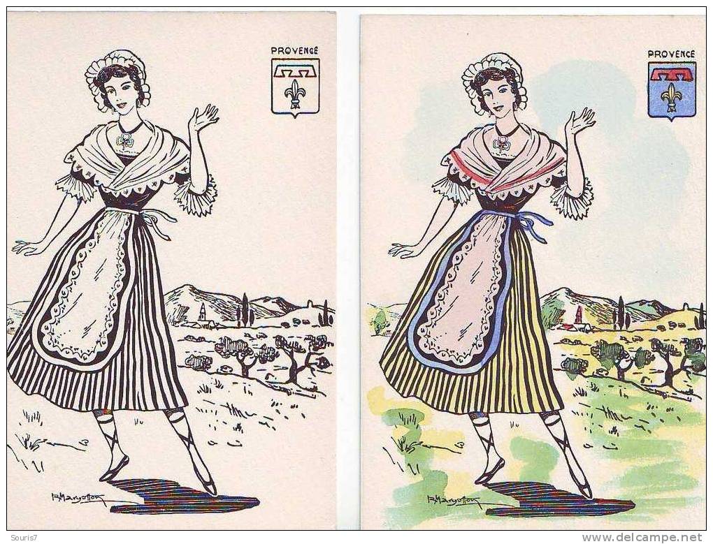 PROVENCE - N° 70 - Lot De 2 Cartes Peintes à La Main, Une Peinte, Pas  L´autre. - Kostums