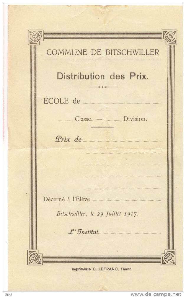 Page Préimprimée Pour  La Distribution Des Prix De La  Commune De Bitschwiller ( 68 ) 29 / 7 / 1917 - Otros Accesorios