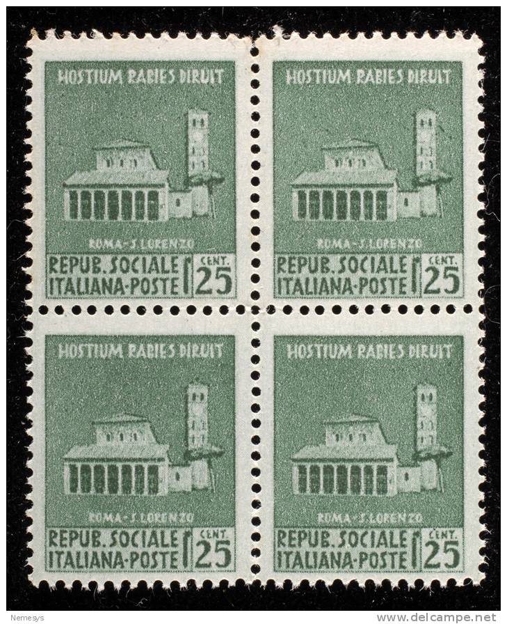 1944 REPUBBLICA SOCIALE MONUMENTI DISTRUTTI 1°EMISSIONE 25C. QUARTINA NUOVO** MNH (SASS497) - Nuovi