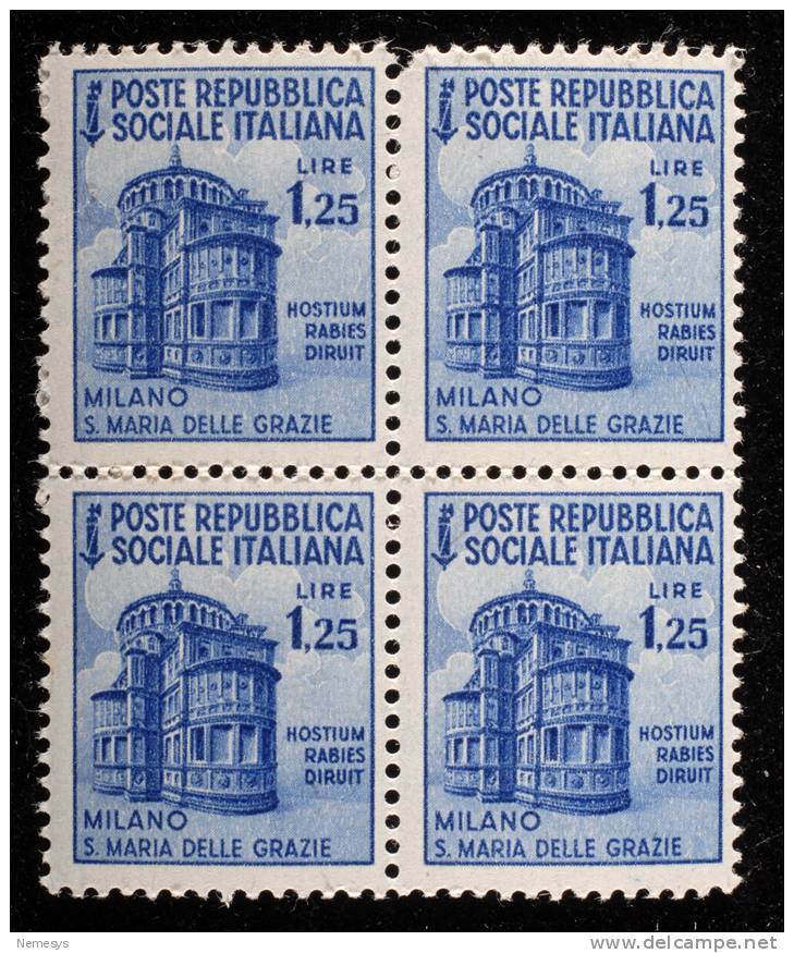 1944/45 REPUBBLICA SOCIALE MONUMENTI DISTRUTTI 2°EMISSIONE 1,25L. QUARTINA NUOVO** MNH (SASS510) - Ongebruikt