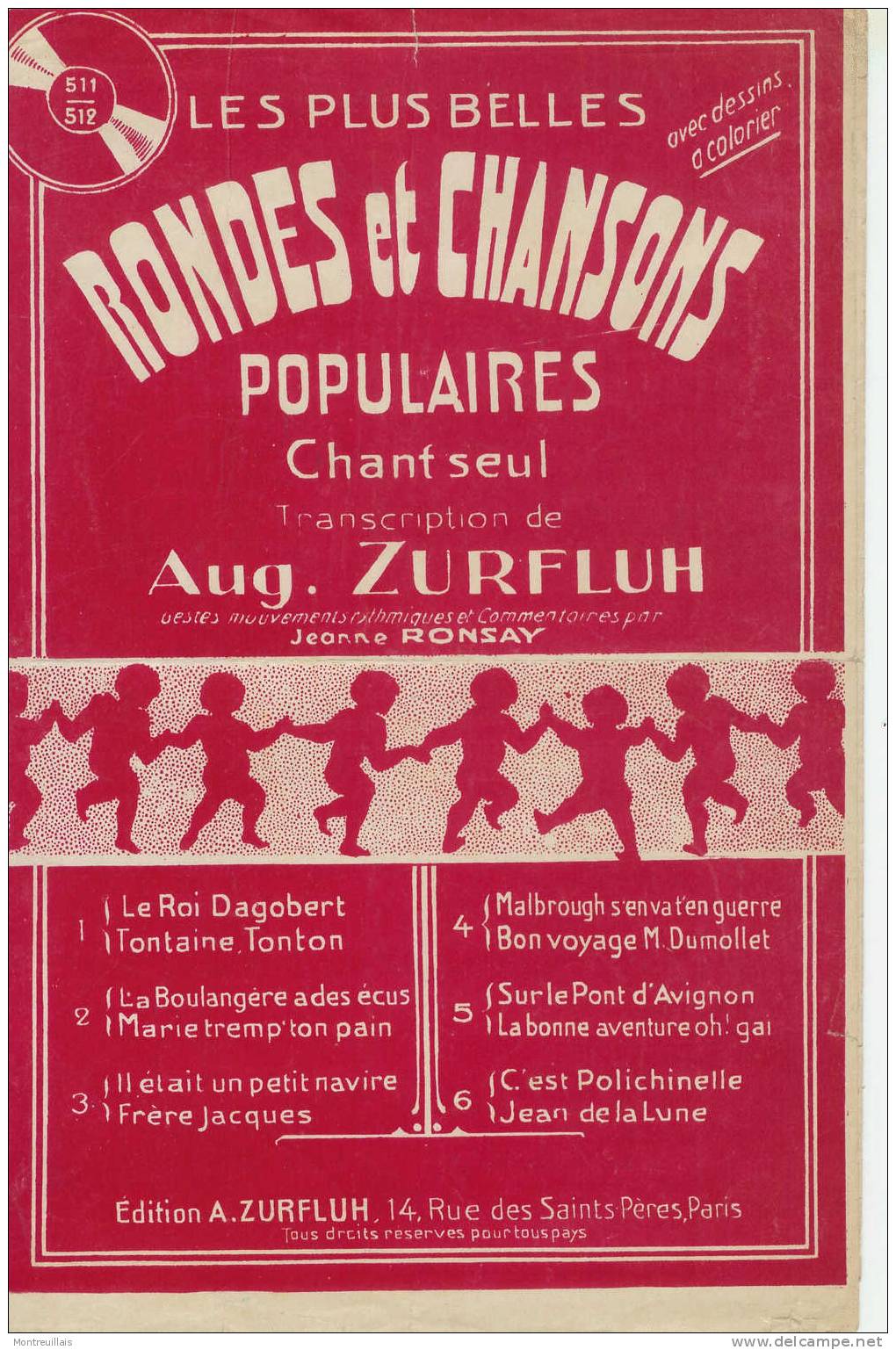 Partition Rondes Et Chansons, Polichinelle, Jean De La Lune, état Moyen, édition ZURFLUH - Musik