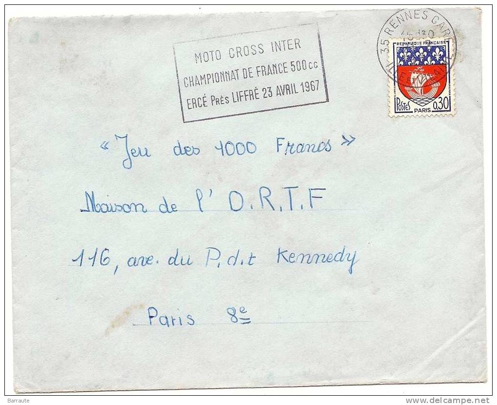 Flamme MOTO CROSS INTER Championnat De France 500cc ERCE Pres LIFFRE 23/04/1967 - Temporary Postmarks