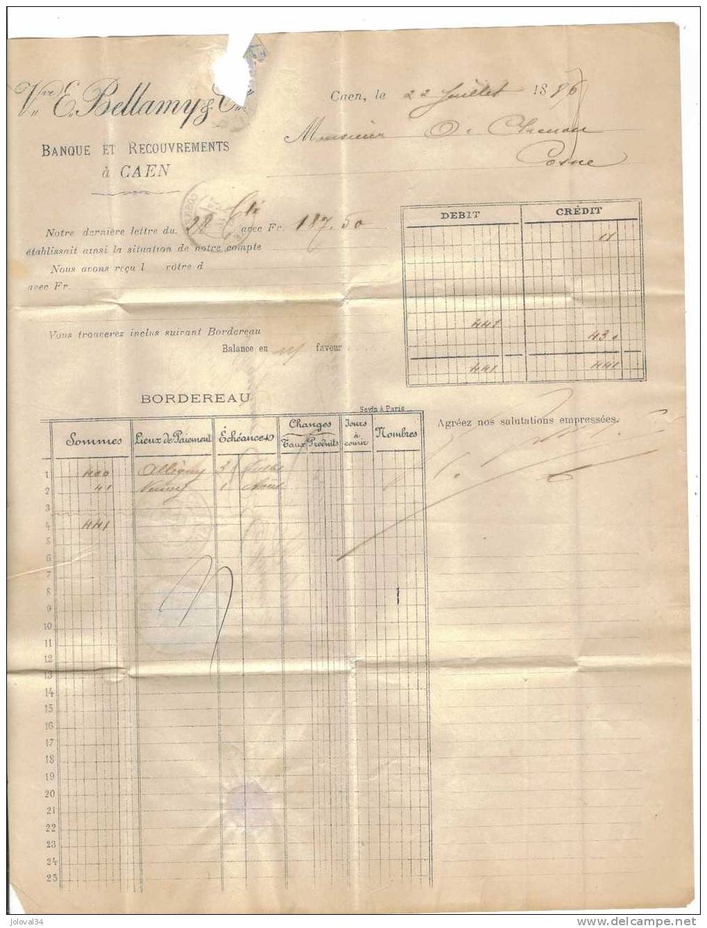 Sur Lettre Sage Perforé Perfin EB Banque Bellamy Caen 22/07/1886 - Verso Cachet Cosne - Autres & Non Classés