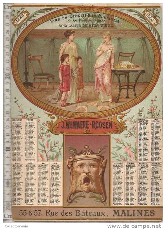 Kalender 1886 - Mechelen J. Wemaere - Roosen - Wijn Malines - Rue Des Bateaux 55 - Grand Format : 1901-20