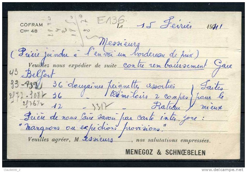 MERCERIE BONNETERIE MENEGOZ Et SCHNOEBELEN 5 Faubourg De Lyon A BELFORT. Voir Recto Verso  (E136) - Marchands