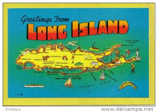 Greetings From Long Island Map.  1960s Chrome. - Long Island