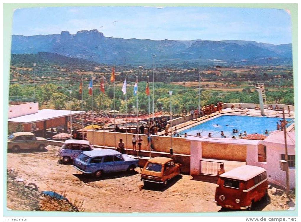 Spain 1977 Illustrated Postcard Horta De San Juan Sent To Belgium - Pool Cars Mountains - Lettres & Documents