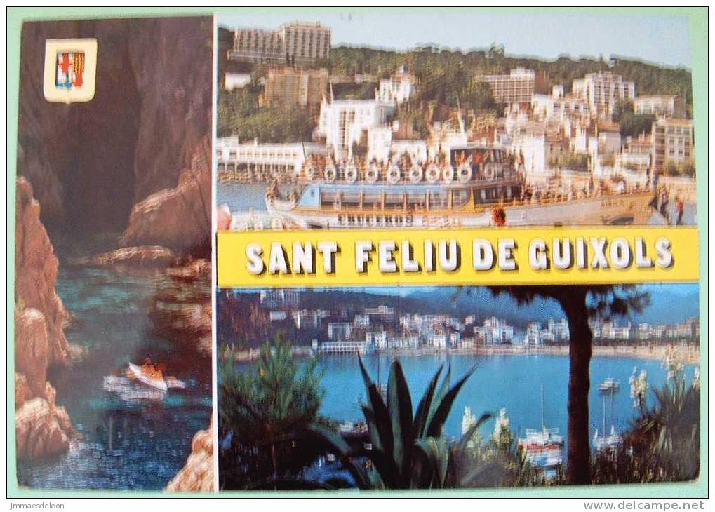 Spain 1977 Illustrated Postcard Sant Feliu De Guixols, Costa Brava, Sent To Belgium - Sea Kayak Boat Bromeliad - Lettres & Documents