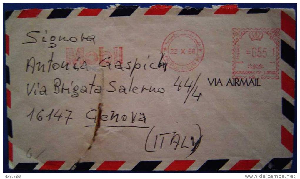 Libya 1968 Cover Sento From Tripoli To Italy With Mechanic Mark In Red " Mobil " - Libye