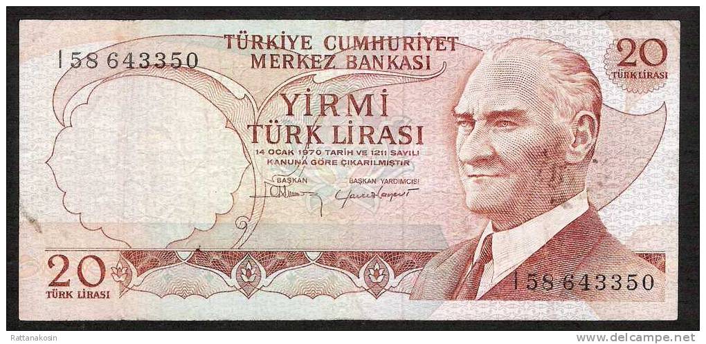 TURKEY  P187b  20 LIRA  1970  #I58  VF   NO P.h. ! - Turquie