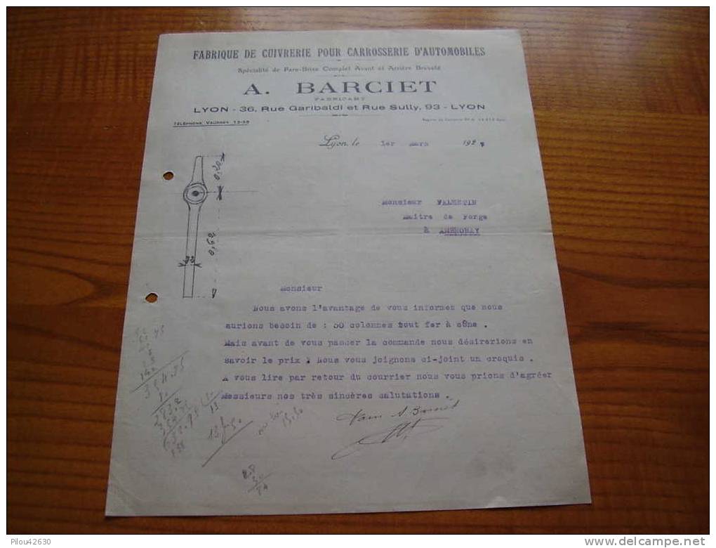 1927 : Facture  Cuivrerie Pour Carrosserie Automobile  A. Barciet R. Garibaldi & Sully à Lyon - Automobile