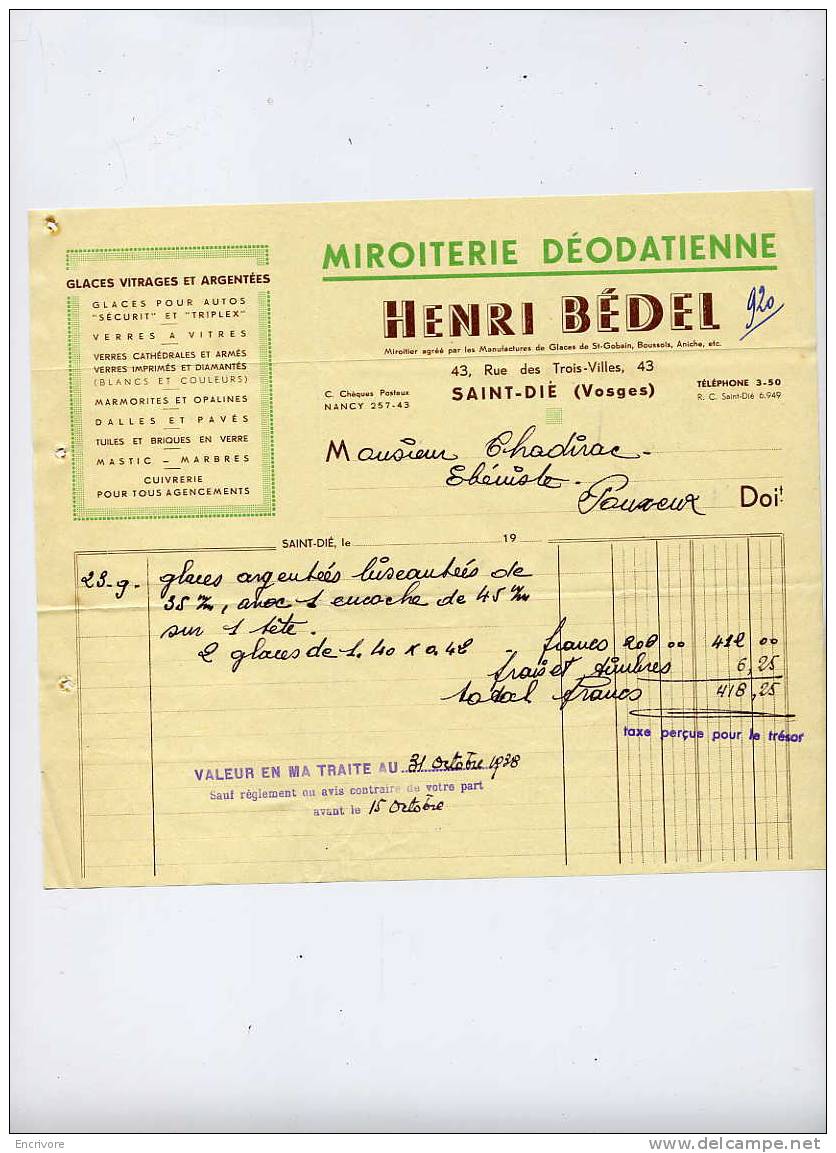 Henri BEDEL Miroiterie Deodationne SAINT DIE Glaces Vitrages Cuivreries - 1900 – 1949