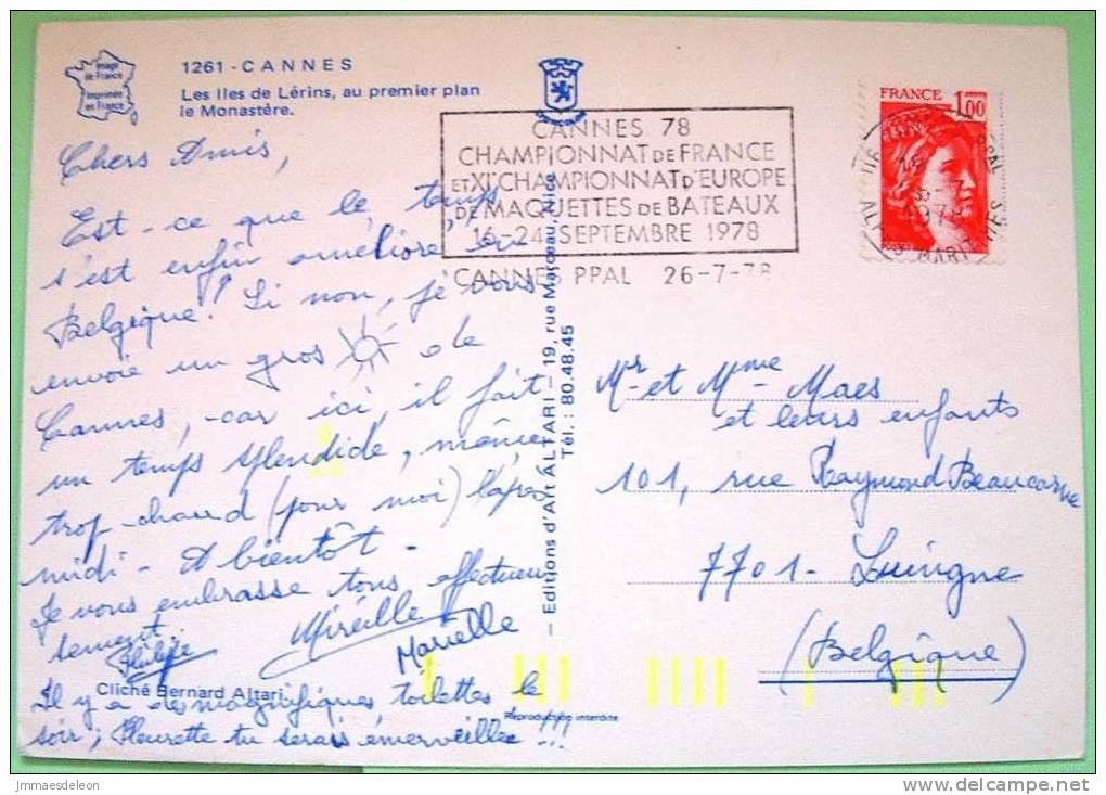 France 1978 Illustrated Postcard Sent To Belgium - Cannes Sea Convent Castle - Miniature Boats Cancel - Briefe U. Dokumente