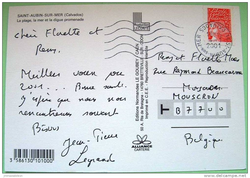 France 2001 Illustrated Postcard Sent To Belgium - Saint-Aubin-sur-Mer Sea Beach Tourism - Covers & Documents