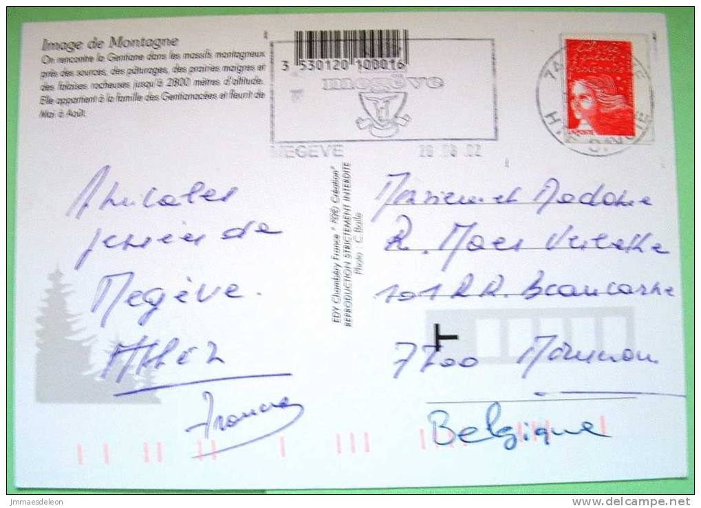 France 2001 Illustrated Postcard Sent To Belgium - Megeve Savoie Flower Gentiane - Chamois Cancel - Storia Postale