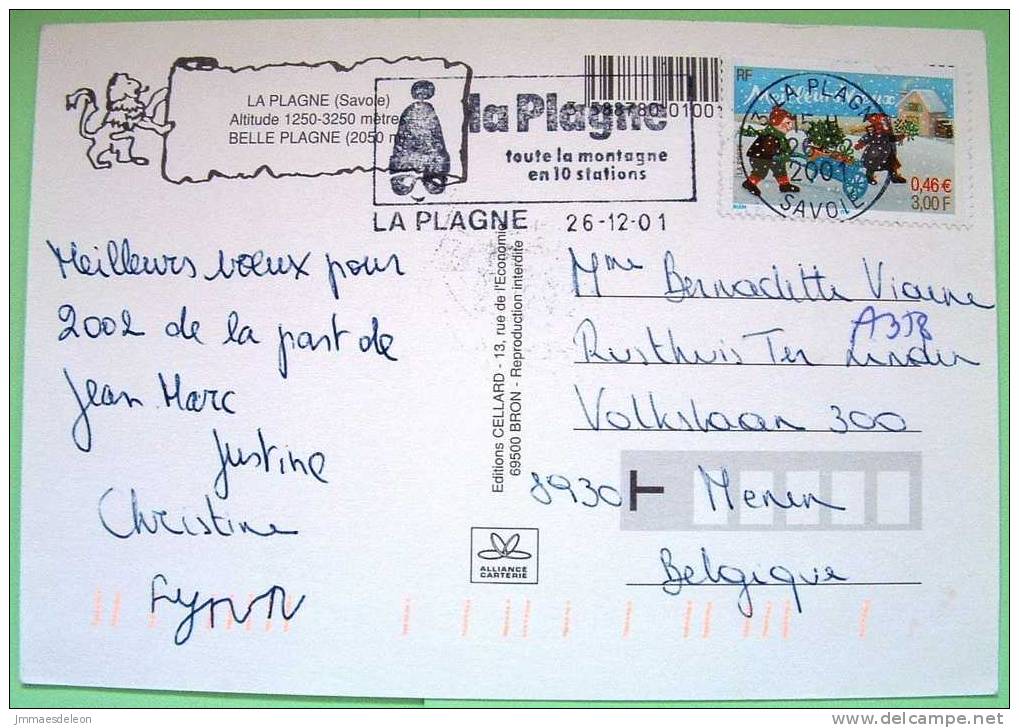 France 2001 Illustrated Postcard Sent To Belgium - La Plagne Savoie Tourism Snow Mont Blanc New Year Stamp - Covers & Documents