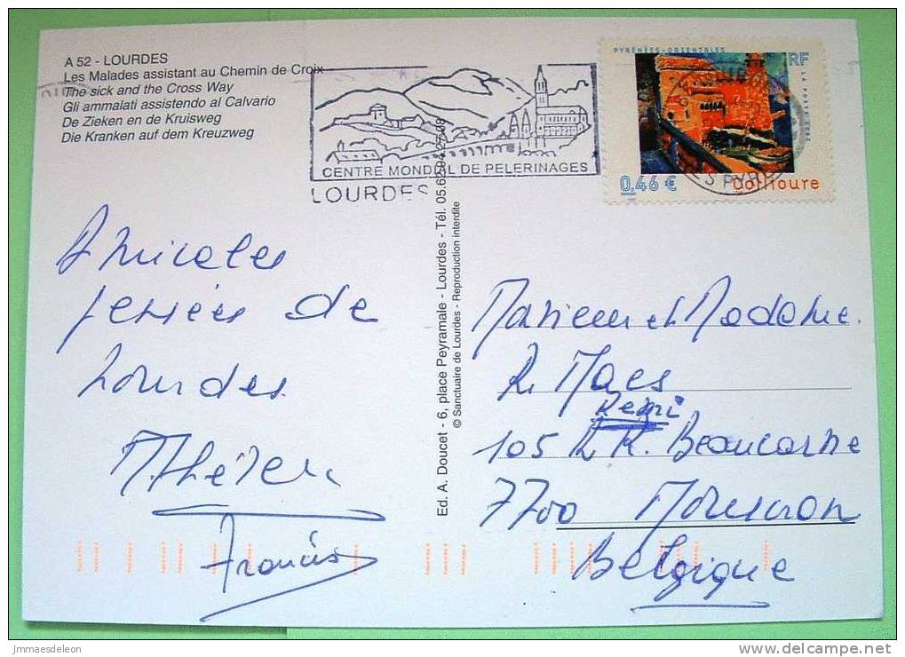 France 2002 Illustrated Postcard Sent To Belgium - Lourdes Religion Nice Lourdes Cancel Cathedral - Covers & Documents