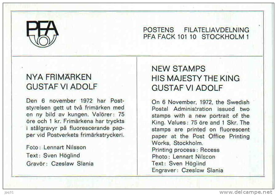 Enveloppe 1er Jour Suède No 755/6 - Stockholm 6/11/1972 - Roi Gustave VI - FDC