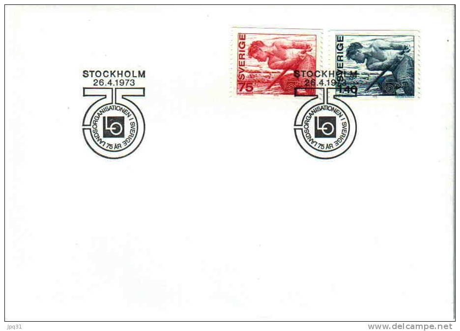 Enveloppe 1er Jour Suède No 783/84 - Stockholm 26/4/1973 - 75e Ann. Confédération Générale Du Travail LO (bucheron) - FDC